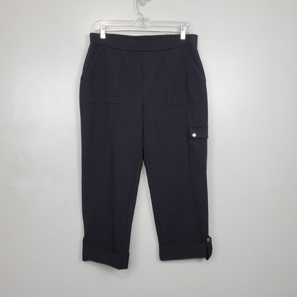 Susan Graver Premium Stretch Pull-On Flat Front Roll Tab Cuff Crop Pants Size M